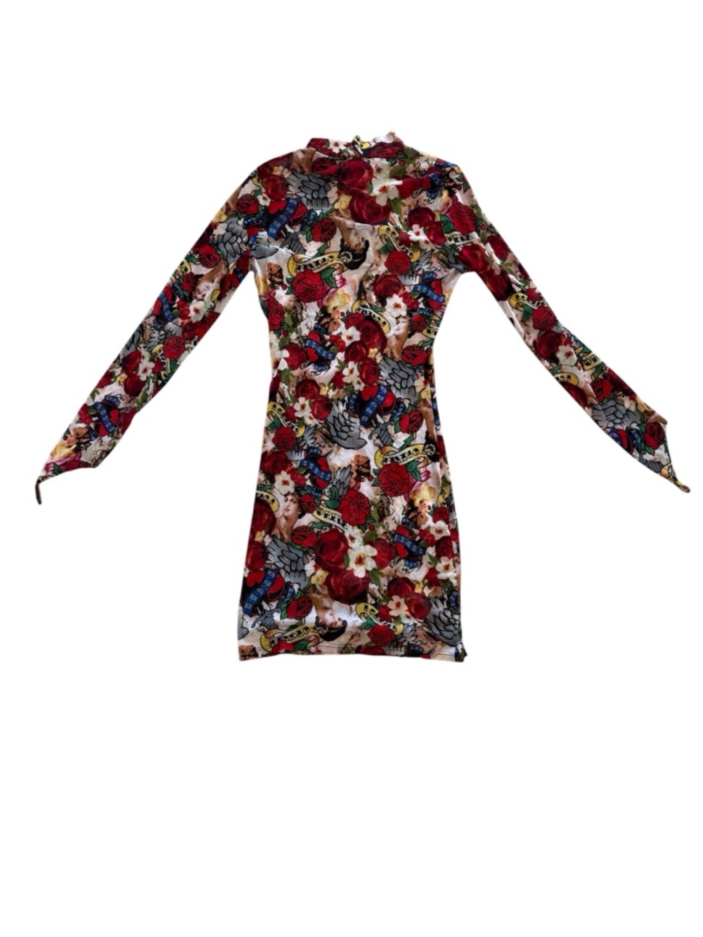 Laqueen Made in USA Floral Tattoo-Print Long Sleeve Bodycon Mesh Dress Size L